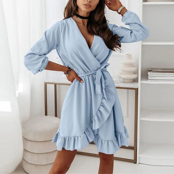 

casual dresses v neck solid color wrap dress women long sleeve a line sashes irregular ruffles mini autumn female 2021 vestidos, Black;gray