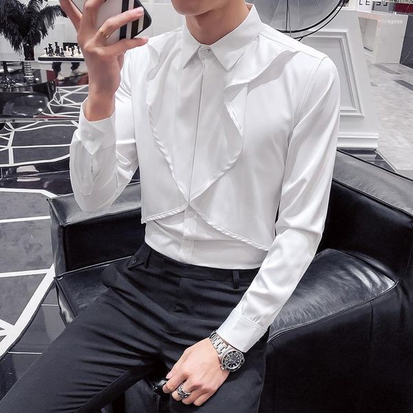 

gzdeerax solid color mens shirts luxury front ruffles long sleeve dress fashion slim fit party male1, White;black
