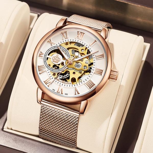 

wristwatches female han edition steel with hollow out mechanical tide ms watches wholesale, Slivery;brown