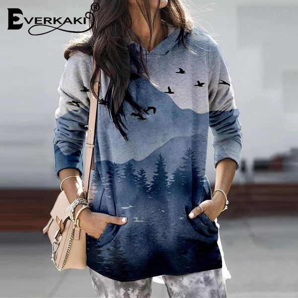 

women's hoodies & sweatshirts everkaki boho print with hat women sweatshirt pullovers ladies oversize female 2021 autumn winter design, Black