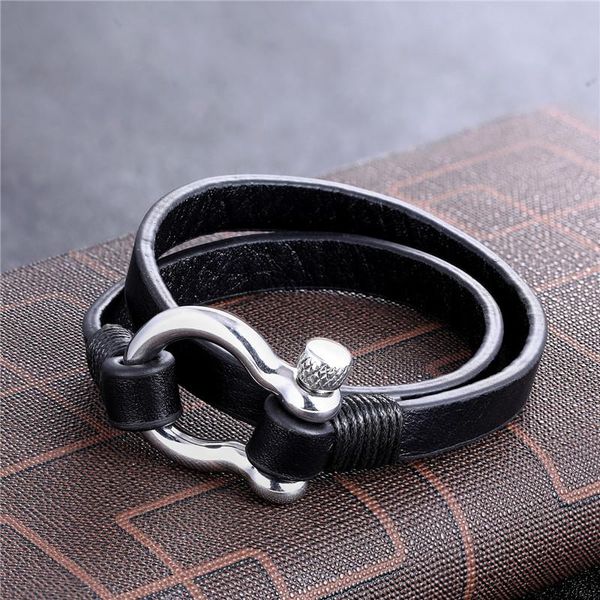 

charm bracelets mkendn fashion stainless steel shackle buckle leather men surf nautical sailor surfer wristband jewelry, Golden;silver
