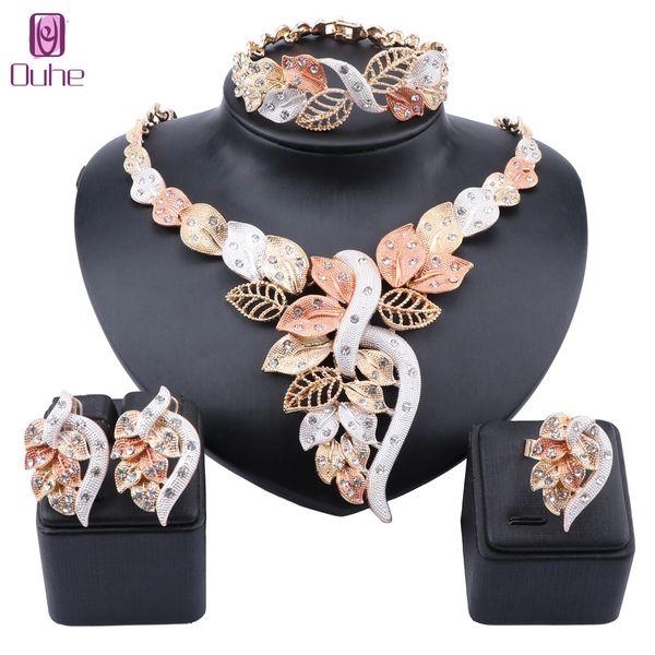 

jewelry sets african dubai gold nigerian crystal necklace hoop earrings ring women italian bridal wedding accessories, Black
