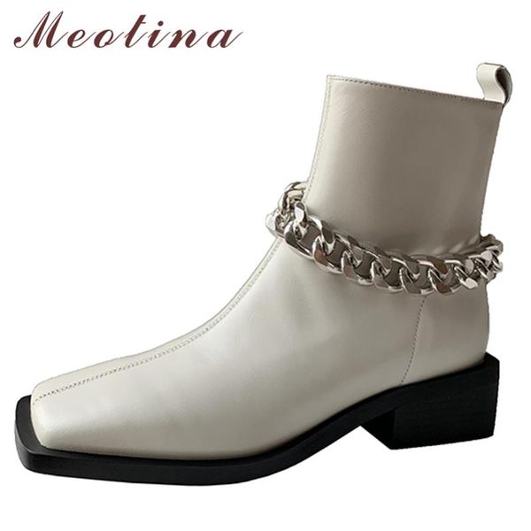 

boots meotina women genuine leather ankle thick med heel fashion square toe chain zipper ladies autumn winter black