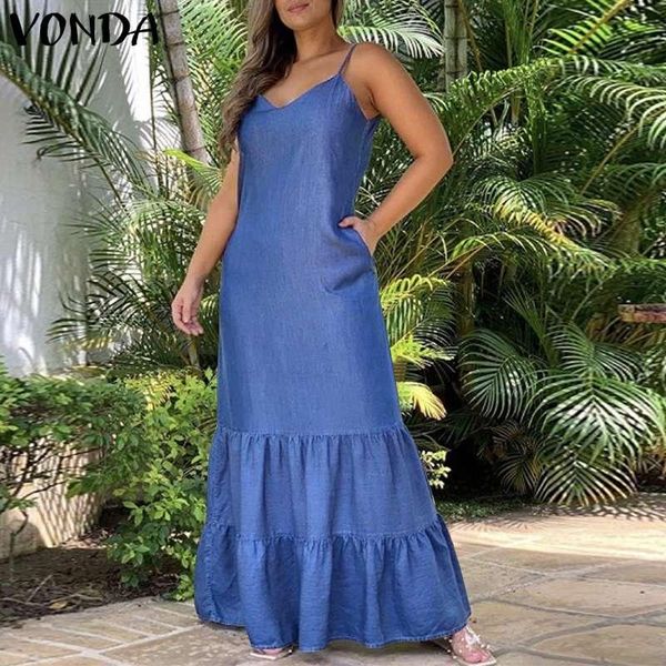 

casual dresses long maxi dress vonda women summer ruffled hem vestidos with pockets v neck sleeveless solid pleated, Black;gray
