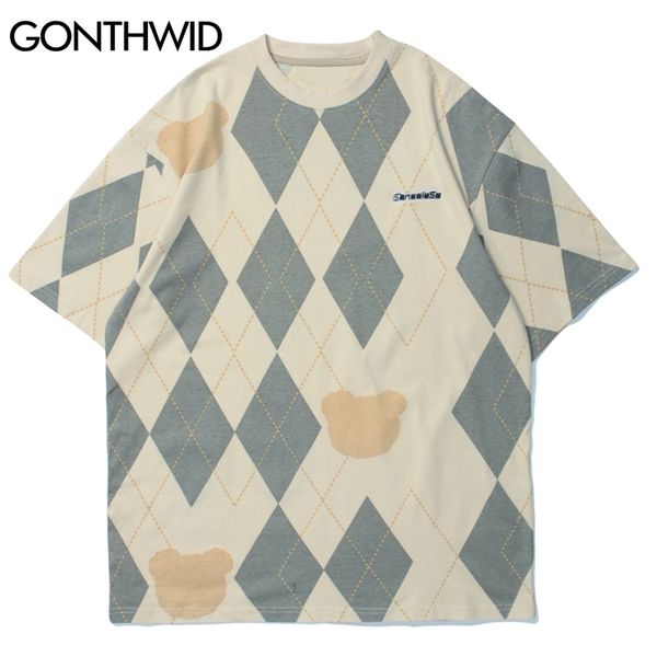 

tshirts harajuku argyle plaid bear print short sleeve tees shirts streetwear hip hop summer fashion casual cotton 210602, White;black