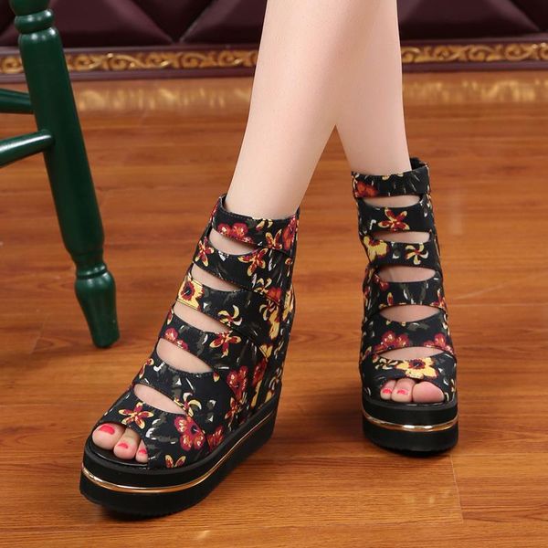 

women's shoes summer muffin bottom increased mouth thick waterproof platform high broken flower tide cool boots 11cm sandals, Black