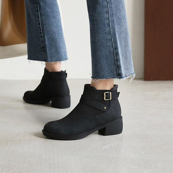 

boots 2021 women snow winter square heel round toe buckle ankle oxford side zipper casual platform shoes, Black