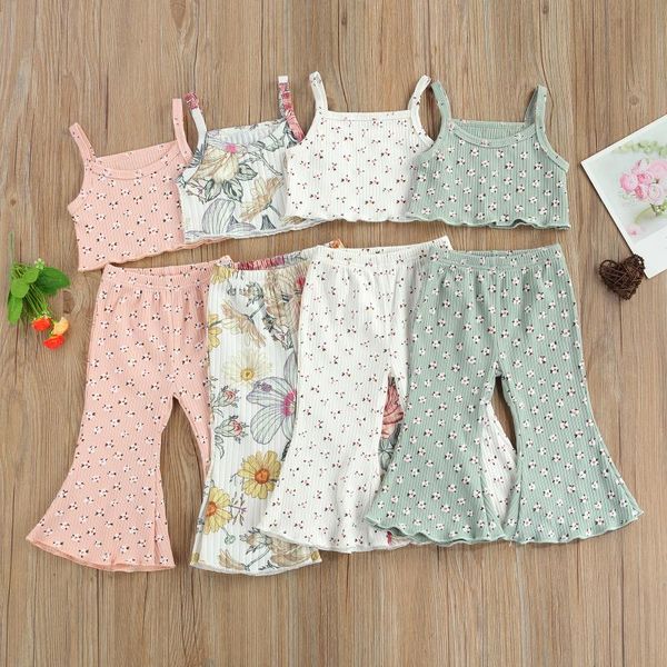 

1-6y kids baby girl clothing little floral print sleeveless crop vest+flare pants sweet summer cotton outfits 2pcs set sets, White