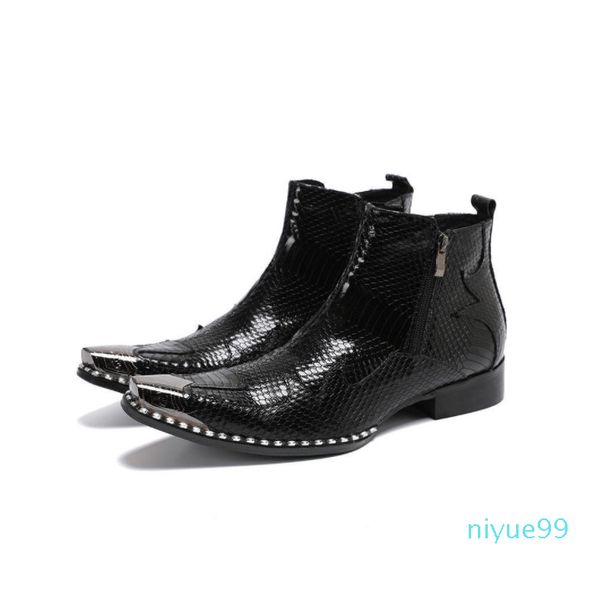 

spring autumn black patent genuine leather short ankle boots men dress wedding shoes steel toe military boots male rivets shoe