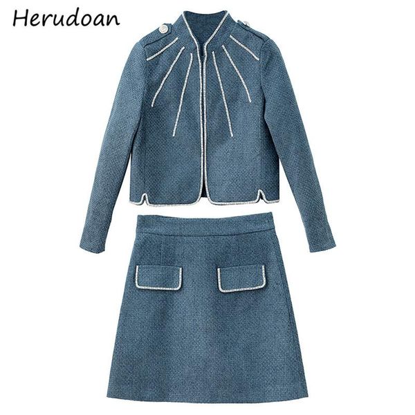 

women's tracksuits herudoan fashion designer autumn tweed set women long sleeve loose and high waist skirts 2 two pieces suits, Gray