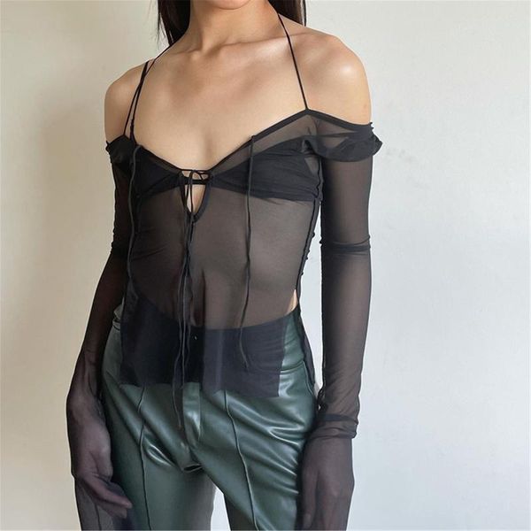

women's blouses & shirts perspective gauze blouse lace-up halter solid color long sleeve vest summer blosue, White