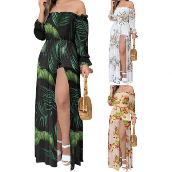 

casual dresses women dress summer floral print off shoulder elastic waist high split irregular hem banquet elegant women's, Black;gray