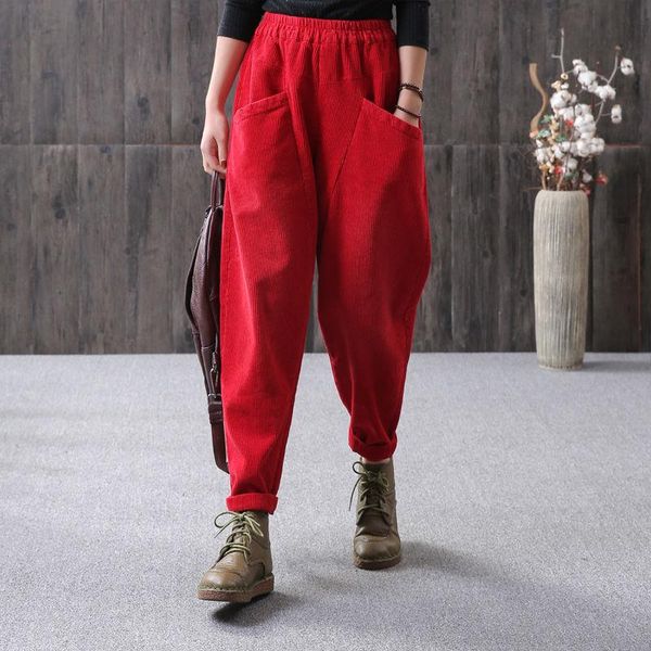 

women's pants & capris 2021 vintage harem pantalon casual corduroy zipper loose turnip trousers women solid female streetwear l147, Black;white