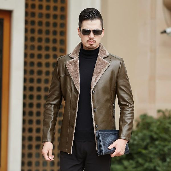 

men's fur & faux brand 2021 winter genuine leather jackets brown sheepskin jacket coats with wool collar warm masculinity, Black