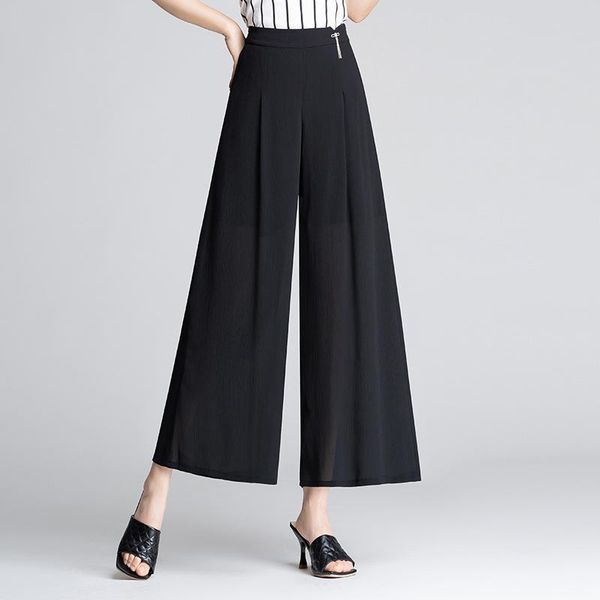 

women's pants & capris chiffon wide leg skirts 2021 summer women elastic high waisted plus size loose casual vintage elegant black trou, Black;white