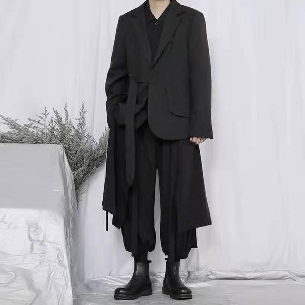 

men's suits & blazers suit yamamoto style dark black belt buckles design fashion youth loose large size casual coat, White;black