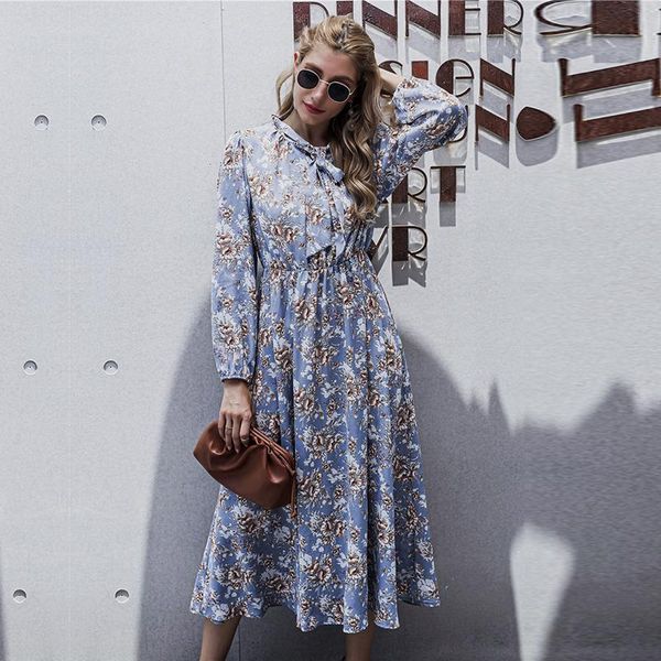

casual dresses elegant lantern sleeve floral dress women autumn winter tie collar high waist slim print long, Black;gray