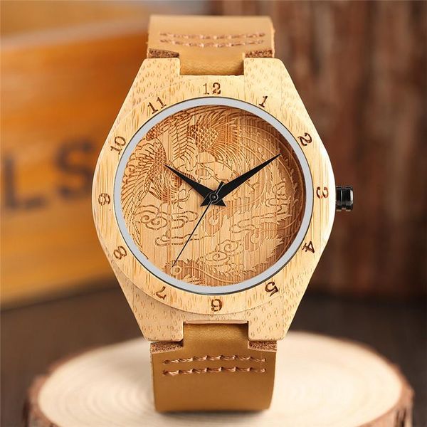 

wristwatches creative carving phoenix bamboo mens watch 100% original wood arabic number quartz clock male genuine leather bangle sports gif, Slivery;brown