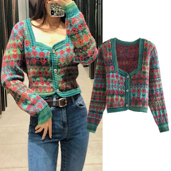 

women's two piece pants za women jacquard printing knit cardigan sweater square collar girl long sleeve casual loose single breast, White