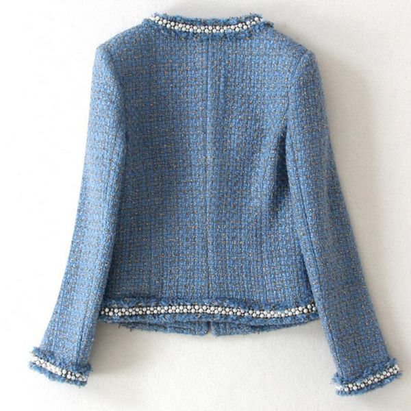 

women's jackets runway blue tweed coat 2021 autumn beading long sleeve woolen fringed trim tassels pearl pocket bidj, Black;brown