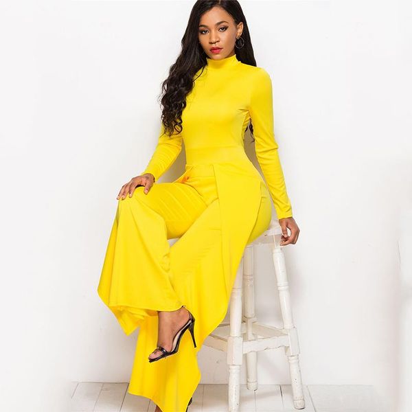 

women's jumpsuits & rompers autumn winter long sleeve women jumpsuit solid wide leg bodycon vintage elegant lady half-high collar overa, Black;white