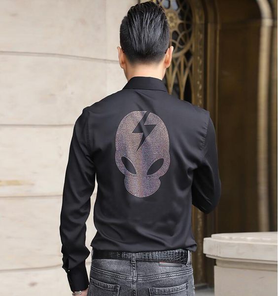 

rhinestone men's shirt brand 2021 acrylic fiber materiel male long sleeve shirts casual slim fit man clothes size -4xl- black/white, White;black