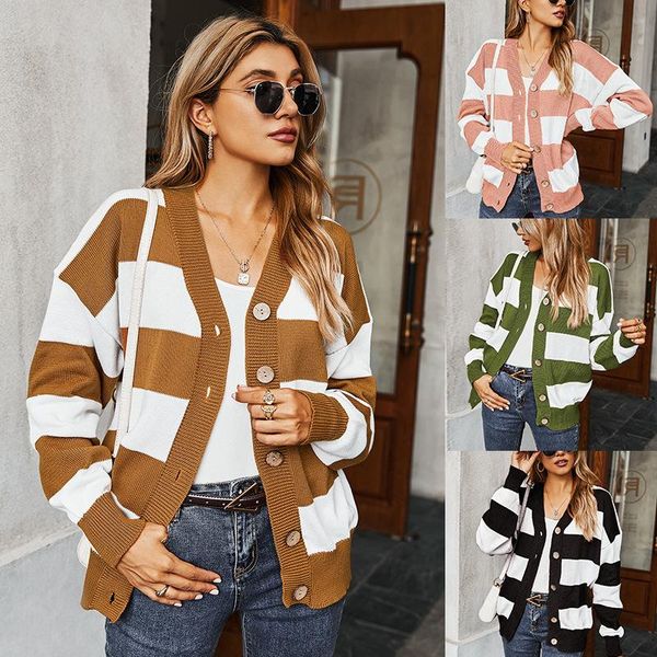 

autumn vintage stripe ladies knitted cardigans sweaters women long sleeve v-neck korean office fashion slim women's knits & tees, White