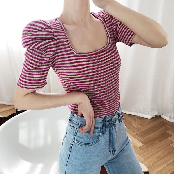 

women's t-shirt vintage puffed sleeves knit woman square collar stripe slim elastic t-shirts summer ladies pullover 4hqy, White
