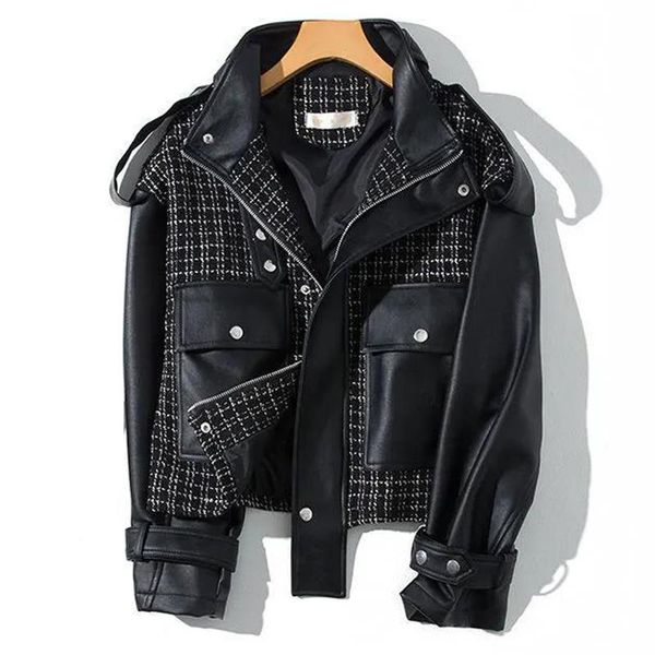 

women's fur & faux women loose pu leather black soft jacket high street moto biker coat lady casual outerwear plaid splice