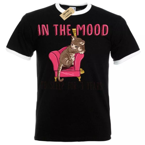 

the mood to sleep for 3 years cat t-shirt mens ringer, White;black