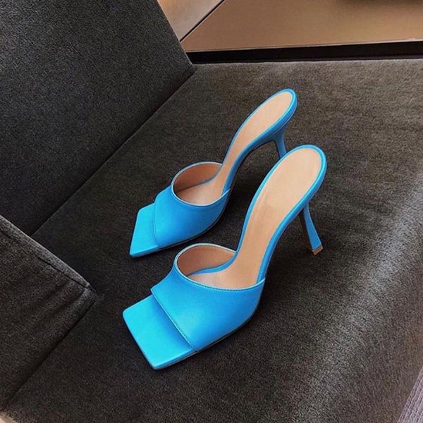 

slippers 2021 sky blue leather mules square toe high heel dress slides summer fashion shoes women, Black
