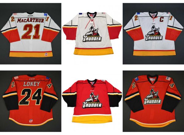 

new echl adirondack thunder 21 macarthur 24 ty loney mens womens kids 100% embroidery custom hockey jerseys goalit cut, Black