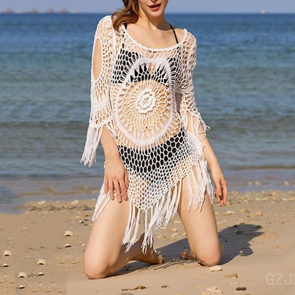 

women's swimwear white crochet bikini cover up with fringe trim hollow out tassel lace swimsuit 2021 summer beachwear, White;black