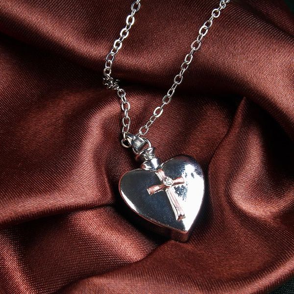 

creative heart shaped cross urn pendant necklace for women men loved ones ashes memorial jewelry chokers, Golden;silver