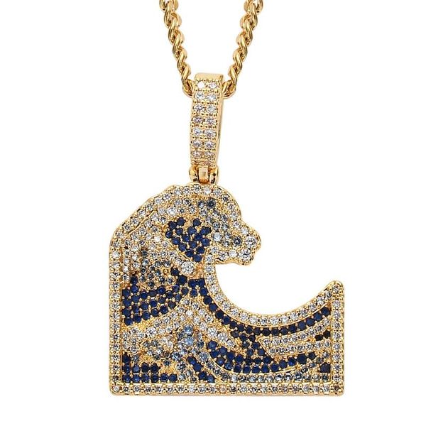 

iced out full cubic zircon kanagawa surfing pendant necklace fashion designer katsushika hokusai hip hop jewelry gift necklaces, Silver