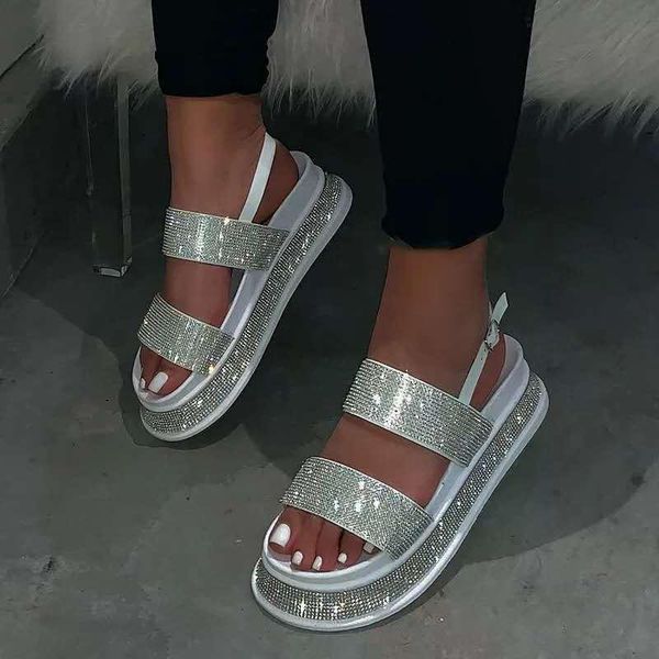 

summer beach sandals bling rhinestones rome ladies crystal platform cutouts wedges women flat woman shoes, Black