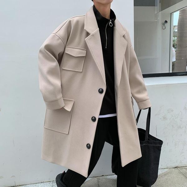 

men's wool & blends casual loose embroidery woolen trench coat autumn and winter korean version thicker section long paragraph, Black