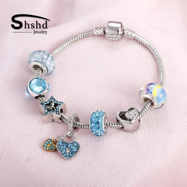 

women charm sliver plated bracelets&bangles summer beach blue crystal bead bracelet heart rainbow pendant snake chain jewelry link,, Black