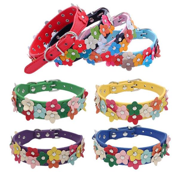 

colors pu leather puppy dog colorful flower decoration collar adjustable two row cat neck strap for pets necklace accessories collars & leas