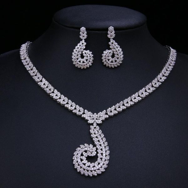 

earrings & necklace party white + cz zirconia jewelry set geometry fashion romantic classic wedding accessories, Silver