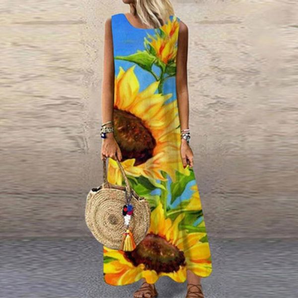

casual dresses fashion summer dress women o-neck sleeveless retro print party bench sling halter long loose maxi vestido de mujer, Black;gray