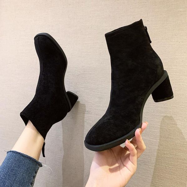 

boots european suede high-heeled thick heels shoes women1, Black