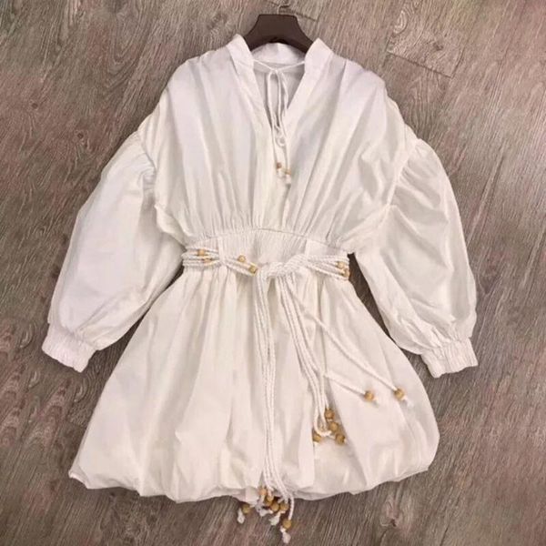 

summer lantern sleeve v-neck white dress sweet solid sashes tie casual mini a line elegant lace up dresses, Black;gray