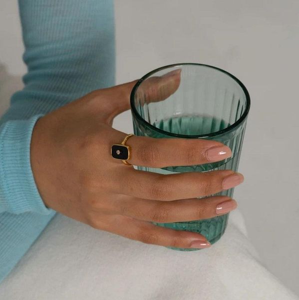 

cluster rings tarnish simple fashion rectangle black ring for women gold plated stainless steel waterproof jewelry, Golden;silver