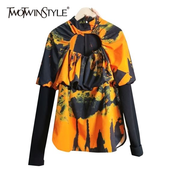 

twowinsyle hollow out slim shirt for women stand collar long sleeve ruched casual shirts female fashion clothing 210524, White