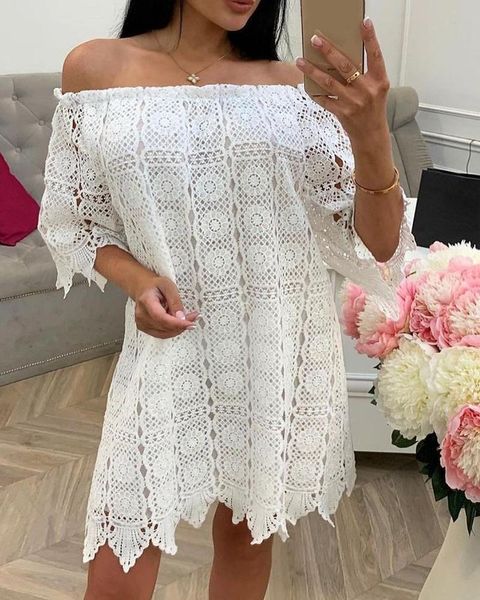 

casual dresses loose dress women's fashion white hollow pattern one shoulder ladies wear 2021 summer, Black;gray