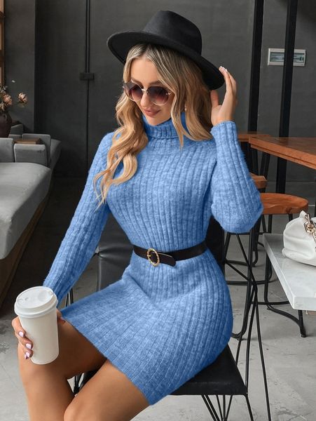 

high neck ribbed knit sweater dress without belt 27jz#, Black;gray