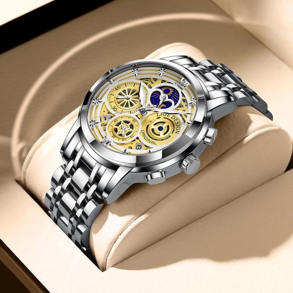 

wristwatches lige 8942 luxury business multifunctional men watch all steel quartz waterproof sport wristwatch men's watches relogio mas, Slivery;brown