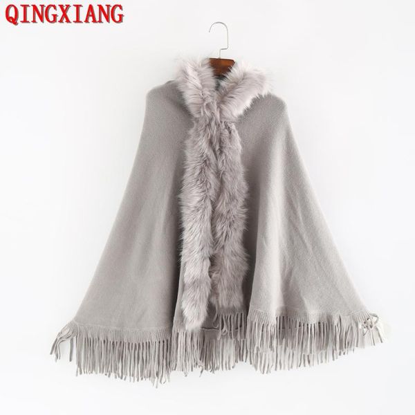 

scarves 5 colors 2021 110*70cm winter women faux fur collar tassel pashmina cashmere capes with hat cardigan solid grey coat, Blue;gray