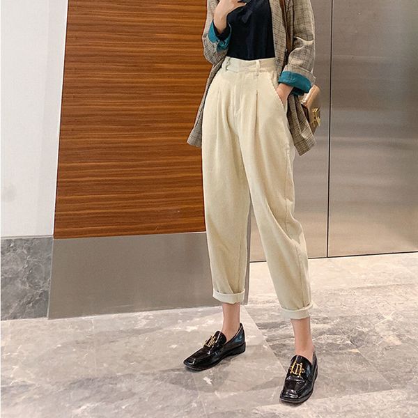 

women's jumpsuits & rompers arrival spring autumn women high waist casual corduroy trousers femme solid loose harem pants plus size v14, Black;white